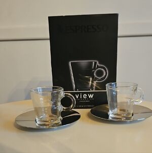 Nespresso Clear Glass Espresso Cup Pair with Silver Saucers